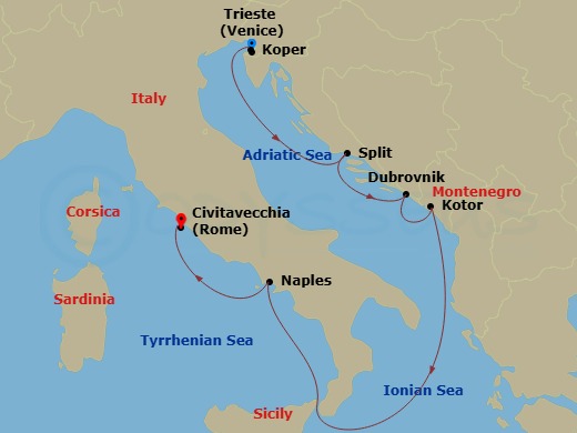 7 Night - Italy, Croatia & the Adriatic - Brilliance of the Seas - Starting in Trieste, Italy, Koper, Slovenia, Split, Croatia, Dubrovnik, Croatia, Kotor, Montenegro, Naples, Italy, Rome (Civitavecchia), Italy itinerary map