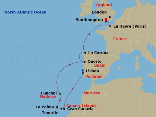11 Night - Canary Islands / Morocco - Norwegian Star - Starting in Lisbon, Portugal, Las Palmas Gran Canaria, Spain, Santa Cruz de Tenerife, Santa Cruz de La Palma, Funchal, Portugal, Oporto, Portugal, La Coruna, Spain, Le Havre / Paris, France, London (Southampton), United Kingdom itinerary map