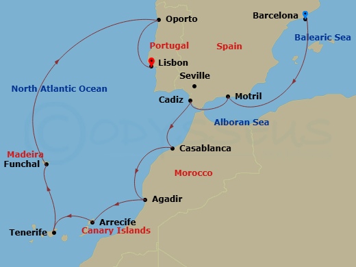 11 Night - Canary Islands / Morocco - Norwegian Star - Starting in Barcelona, Spain, Motril, Spain, Cadiz / Seville, Spain, Casablanca, Morocco, Agadir, Morocco, Arrecife, Spain, Santa Cruz de Tenerife, Funchal, Portugal, Oporto, Portugal, Lisbon, Portugal itinerary map