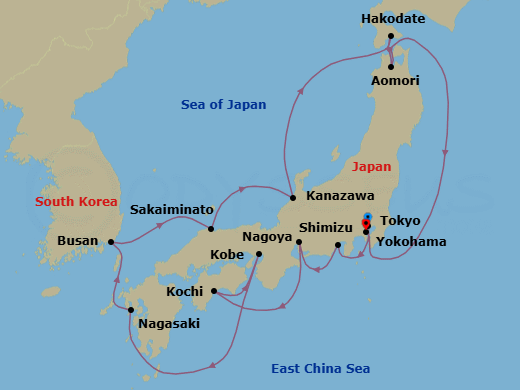 14 Night - Tokyo to Yokohama - Silver Muse - Starting in Tokyo, Shimizu, Nagoya, Kochi, Kobe, Nagasaki, Busan, Sakaiminato, Kanazawa, Hakodate (Hokkaido), Aomori, Yokohama (Tokyo) itinerary map