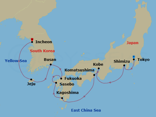 12 Night - Tokyo to Incheon - Silver Muse - Starting in Tokyo, Shimizu, Kobe, Komatsushima, Kagoshima (Kyushu Island), Sasebo, Fukuoka (Kyushu Island), Busan, Jeju, Incheon (Seoul) itinerary map