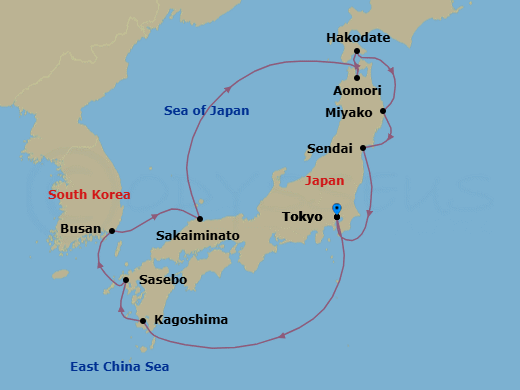12 Night - Tokyo to Tokyo - Silver Muse - Starting in Tokyo, Kagoshima (Kyushu Island), Sasebo, Busan, Sakaiminato, Aomori, Hakodate (Hokkaido), Miyako, Iwate, Sendai, Tokyo itinerary map