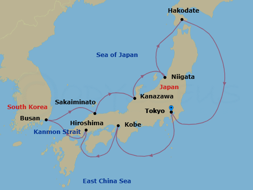12 Night - Tokyo to Tokyo - Silver Muse - Starting in Tokyo, Kobe, Hiroshima, Busan, Sakaiminato, Kanazawa, Niigata, Hakodate (Hokkaido), Tokyo itinerary map