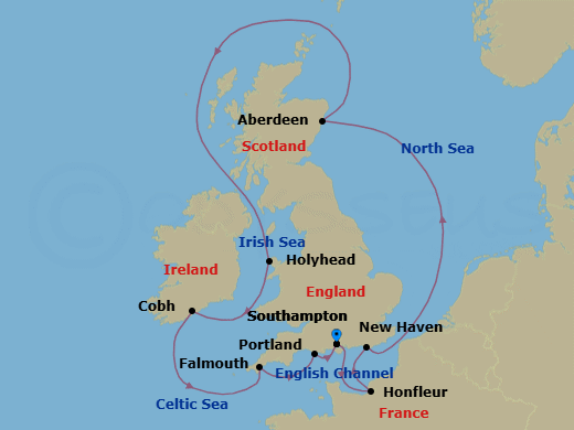 10 Night - Southampton to Southampton - Silver Spirit - Starting in Southampton, Honfleur, Newhaven (Edinburgh), Scotland, Aberdeen, Holyhead, Cobh, Falmouth, England, Portland UK, Southampton itinerary map