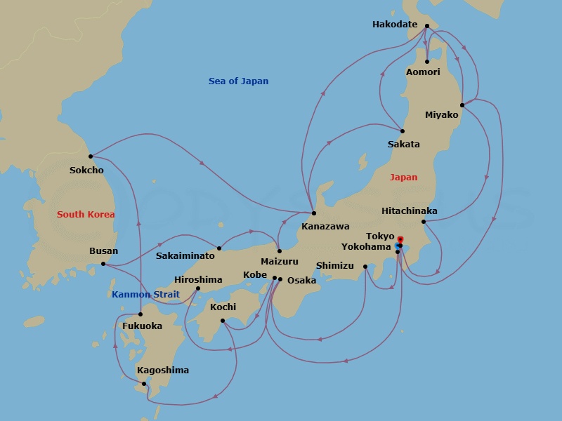 28 Night - Circle Japan - Noordam - Starting in Yokohama (Tokyo), Japan, Shimizu, Japan, Osaka, Japan, Hiroshima, Japan, Scenic Cruising Kanmon Straits, Busan (Pusan), South Korea, Sakaiminato, Japan, Scenic cruising Maizuru Bay, Maizuru, Japan, Kanazawa, Japan, Hakodate, Japan, Miyako, Japan, Hitachinaka, Japan, Tokyo, Japan, Kobe, Japan, Kochi, Japan, Kagoshima, Japan, Fukuoka (Hakata), Japan, Sokcho, South Korea, Kanazawa, Japan, Sakata, Japan, Hakodate, Japan, Aomori, Japan, Miyako, Japan, Tokyo, Japan itinerary map