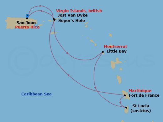7 Night - San Juan to San Juan - Silver Shadow - Starting in San Juan, Jost Van Dyke, British Virgin Islands, Little Bay, Montserrat, Castries, St Lucia, Fort-de-France, Sopers Hole, San Juan itinerary map