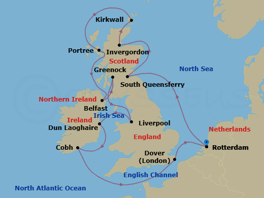 14 Night - Wild British Isles : Glasgow Evening Stay - Nieuw Statendam - Starting in Rotterdam, the Netherlands, South Queensferry (Edinburgh), Scotland, United Kingdom, Invergordon (Inverness), Scotland, United Kingdom, Kirkwall, Scotland, United Kingdom, Portree (Isle of Skye), Scotland, United Kingdom, Belfast, Northern Ireland, United Kingdom, Greenock (Glasgow), Scotland, United Kingdom, Liverpool, England, United Kingdom, Dun Laoghaire (Dublin), Ireland, Cobh (Cork), Ireland, Dover UK (London), England, Rotterdam, the Netherlands itinerary map