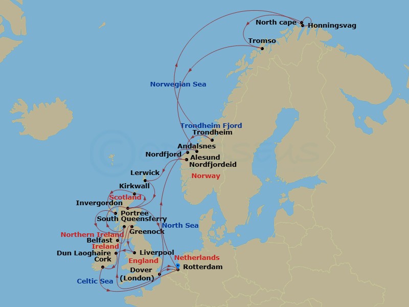 28 Night - British Isles & Arctic Circle - Nieuw Statendam - Starting in Rotterdam, the Netherlands, South Queensferry (Edinburgh), Scotland, United Kingdom, Invergordon (Inverness), Scotland, United Kingdom, Kirkwall, Scotland, United Kingdom, Portree (Isle of Skye), Scotland, United Kingdom, Belfast, Northern Ireland, United Kingdom, Greenock (Glasgow), Scotland, United Kingdom, Liverpool, England, United Kingdom, Dun Laoghaire (Dublin), Ireland, Cobh (Cork), Ireland, Dover UK (London), England, Rotterdam, the Netherlands, Alesund, Norway, Trondheim, Norway, Scenic Cruising Trondheimsfjord, Honningsvag, Norway, Scenic Cruising North Cape, Tromso, Norway, Andalsnes, Norway, Nordfjordeid, Norway, Scenic Cruising Nordfjord, Lerwick, Shetland Islands, United Kingdom, Invergordon (Inverness), Scotland, United Kingdom, Dover UK (London), England, Rotterdam, the Netherlands itinerary map