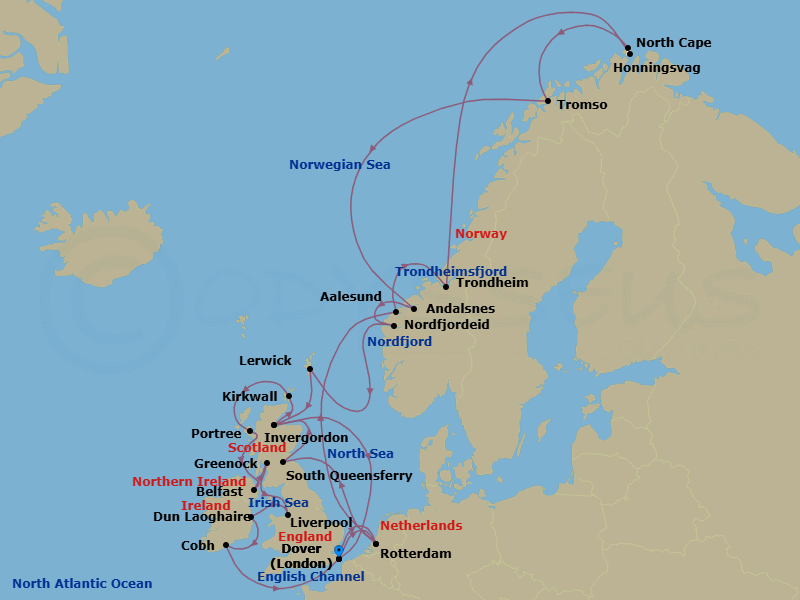 28 Night - British Isles & Arctic Circle - Nieuw Statendam - Starting in Dover UK (London), England, Rotterdam, the Netherlands, South Queensferry (Edinburgh), Scotland, United Kingdom, Invergordon (Inverness), Scotland, United Kingdom, Kirkwall, Scotland, United Kingdom, Portree (Isle of Skye), Scotland, United Kingdom, Belfast, Northern Ireland, United Kingdom, Greenock (Glasgow), Scotland, United Kingdom, Liverpool, England, United Kingdom, Dun Laoghaire (Dublin), Ireland, Cobh (Cork), Ireland, Dover UK (London), England, Rotterdam, the Netherlands, Alesund, Norway, Trondheim, Norway, Scenic Cruising Trondheimsfjord, Honningsvag, Norway, Scenic Cruising North Cape, Tromso, Norway, Andalsnes, Norway, Nordfjordeid, Norway, Scenic Cruising Nordfjord, Lerwick, Shetland Islands, United Kingdom, Invergordon (Inverness), Scotland, United Kingdom, Dover UK (London), England itinerary map