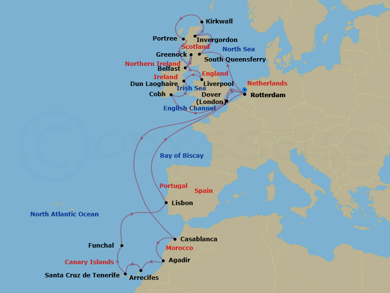 28 Night - Canary Islands & British Isles : Madeira & Glasgow - Nieuw Statendam - Starting in Rotterdam, the Netherlands, Casablanca, Morocco, Agadir, Morocco, Arrecife, Lanzarote, Canary Islands, Spain, Santa Cruz de Tenerife, Funchal (Madeira), Portugal, Lisbon, Portugal, Dover UK (London), England, Rotterdam, the Netherlands, South Queensferry (Edinburgh), Scotland, United Kingdom, Invergordon (Inverness), Scotland, United Kingdom, Kirkwall, Scotland, United Kingdom, Portree (Isle of Skye), Scotland, United Kingdom, Belfast, Northern Ireland, United Kingdom, Greenock (Glasgow), Scotland, United Kingdom, Liverpool, England, United Kingdom, Dun Laoghaire (Dublin), Ireland, Cobh (Cork), Ireland, Dover UK (London), England, Rotterdam, the Netherlands itinerary map