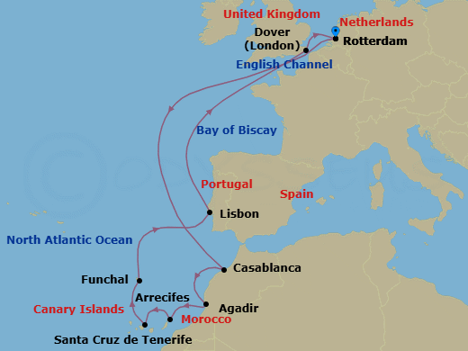 14 Night - Canary Island Enchantment with Morocco & Madeira - Nieuw Statendam - Starting in Rotterdam, the Netherlands, Casablanca, Morocco, Agadir, Morocco, Arrecife, Lanzarote, Canary Islands, Spain, Santa Cruz de Tenerife, Funchal (Madeira), Portugal, Lisbon, Portugal, Dover UK (London), England, Rotterdam, the Netherlands itinerary map