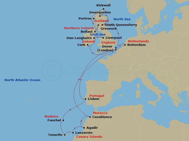 HAL Nieuw Statendam - 28 Night - Canary Islands & British Isles : Madeira & Glasgow - HAL Nieuw Statendam - Starting in Dover UK (London), England, Rotterdam, the Netherlands, Casa.. itinerary map