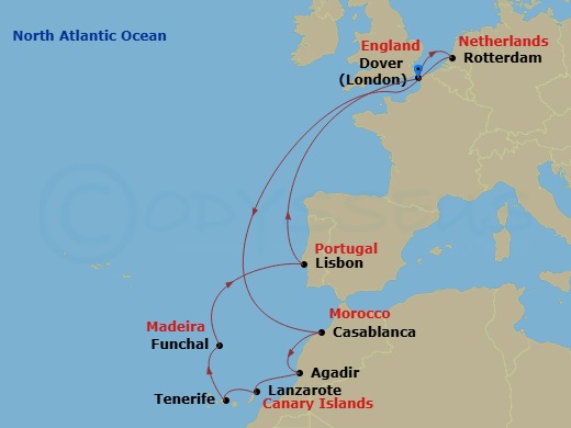 HAL Nieuw Statendam - 14 Night - Canary Island Enchantment with Morocco & Madeira - HAL Nieuw Statendam - Starting in Dover UK (London), England, Rotterdam, the Netherlands, Casabl.. itinerary map