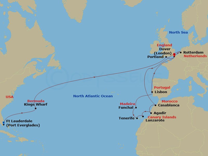 HAL Nieuw Statendam - 26 Night - Canary Island Crossing with Morocco & Madeira - HAL Nieuw Statendam - Starting in Fort Lauderdale, Florida, Kings Wharf, Bermuda, Portland UK (Weym.. itinerary map