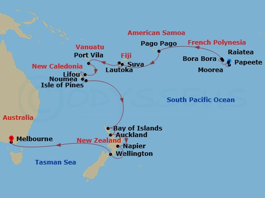 Crystal Symphony - 26 Night - South Pacific - Crystal Symphony - Starting in Papeete (Tahiti), Moorea Island, Raiatea, Bora Bora (Society Islands), Pago Pago, Date Line lose a d.. itinerary map
