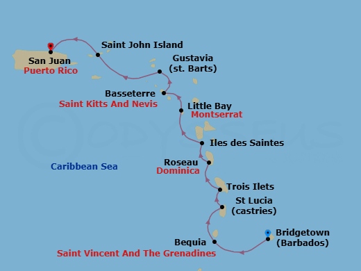 10 Night - Bridgetown to San Juan - Silver Shadow - Starting in Bridgetown, Bequia, Castries, St Lucia, Trois Ilets, Roseau, Les Saintes, Little Bay, Montserrat, St Kitts (Basseterre), Gustavia, St Barthelemy, St John VI, San Juan itinerary map