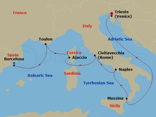 7 Night - Italy & France Cruise - Brilliance of the Seas - Starting in Barcelona, Spain, Provence (Toulon), France, Ajaccio, Corsica, France, Rome (Civitavecchia), Italy, Naples, Italy, Sicily (Messina), Italy, Trieste, Italy itinerary map
