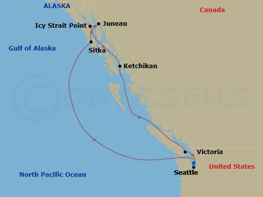 9 Night - Alaska - Seattle - Norwegian Joy - Starting in Seattle, Wa, Sitka, Ak, Cruise Glacier Bay, Ak, Juneau, Ak, Icy Strait Point, Ak, Ketchikan (Ward Cove), Ak, Victoria CA, Canada, Seattle, Wa itinerary map