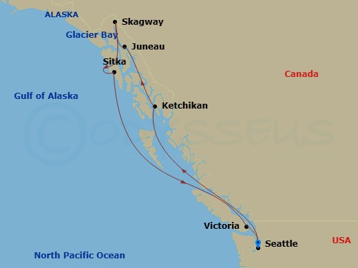 9 Night - Alaska - Seattle - Norwegian Joy - Starting in Seattle, Wa, Ketchikan (Ward Cove), Ak, Juneau, Ak, Cruise Glacier Bay, Ak, Skagway, Ak, Sitka, Ak, Victoria CA, Canada, Seattle, Wa itinerary map