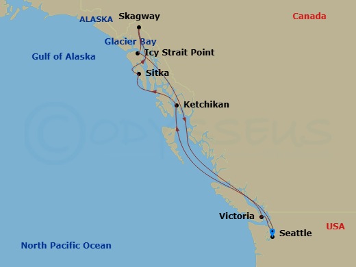 9 Night - Alaska - Seattle - Norwegian Joy - Starting in Seattle, Wa, Ketchikan (Ward Cove), Ak, Sitka, Ak, Skagway, Ak, Cruise Glacier Bay, Ak, Icy Strait Point, Ak, Victoria CA, Canada, Seattle, Wa itinerary map