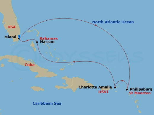 RCL Symphony of the Seas - 7 Night - Eastern Caribbean Holiday - RCL Symphony of the Seas - Starting in Miami, Florida, Philipsburg, St Maarten, Charlotte Amalie, St Thomas, Nassau, Bah.. itinerary map