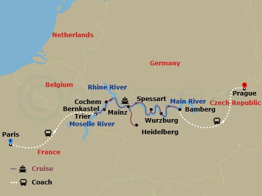 Viking Idi Cruise Tours - 11 Night - Christmas on the Main & Moselle - Viking Idi Cruise Tours - Starting in Paris, Trier, Bernkastel, Cochem, Mainz, Middle Rhine Scenic Sailing, Heide.. itinerary map