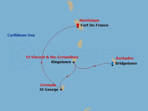 MSC Virtuosa - 4 Night - South Caribbean - MSC Virtuosa - Starting in Bridgetown, Barbados, Kingstown, St Vincent and the Grenadines, Saint George, Grenada, Fort-de-France,.. itinerary map