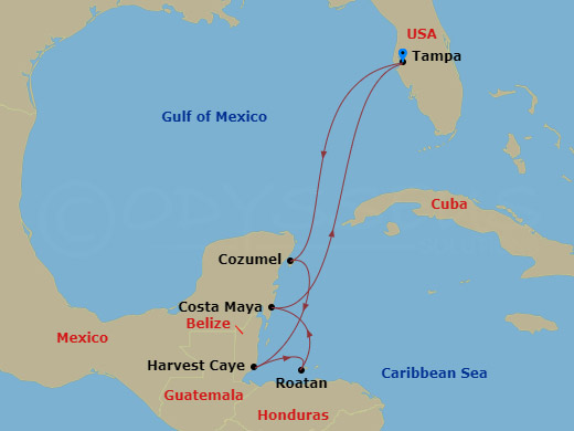 NCL Norwegian Dawn - 7 Night - Western Caribbean - Tampa - NCL Norwegian Dawn - Starting in Tampa, Fl, Cozumel, Mexico, Harvest Caye, Belize, Roatan Bay Islands, Honduras, Costa M.. itinerary map