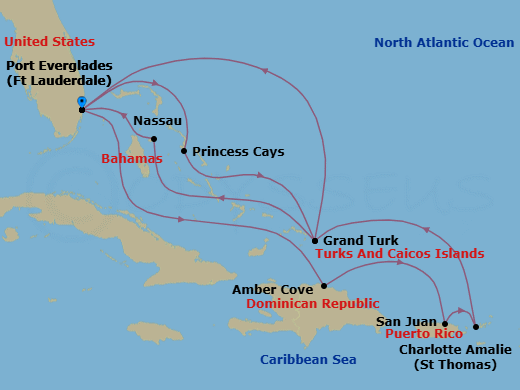 14 Night - Eastern Caribbean Adventurer with Celebration Key - Regal Princess - Starting in Fort Lauderdale, Florida, Amber Cove, Dominican Republic, San Juan, Puerto Rico, St Thomas, US Virgin Islands, Grand Turk, Turks and Caicos, Fort Lauderdale, Florida, Celebration Key, Bahamas, Grand Turk, Turks and Caicos, Nassau, Bahamas, Fort Lauderdale, Florida itinerary map