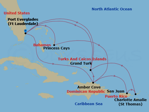 14 Night - Eastern Caribbean Adventurer with Celebration Key - Regal Princess - Starting in Fort Lauderdale, Florida, Celebration Key, Bahamas, Amber Cove, Dominican Republic, Grand Turk, Turks and Caicos, Fort Lauderdale, Florida, Amber Cove, Dominican Republic, San Juan, Puerto Rico, St Thomas, US Virgin Islands, Grand Turk, Turks and Caicos, Fort Lauderdale, Florida itinerary map