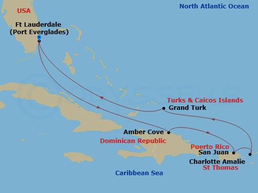 8 Night - Eastern Caribbean with Puerto Rico - Regal Princess - Starting in Fort Lauderdale, Florida, Amber Cove, Dominican Republic, San Juan, Puerto Rico, St Thomas, US Virgin Islands, Grand Turk, Turks and Caicos, Fort Lauderdale, Florida itinerary map