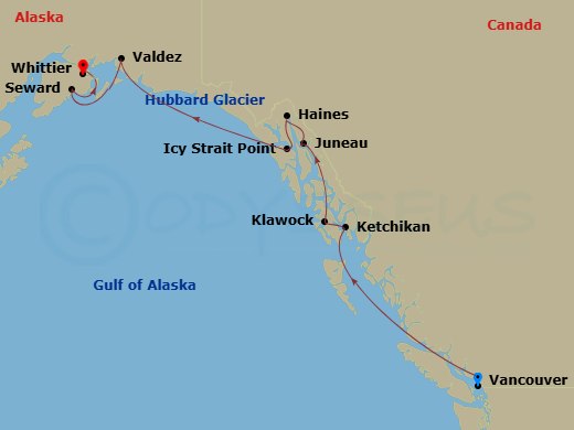 10 Night - Alaska Cruise : Juneau, Haines & Hubbard Glacier - Azamara Pursuit - Starting in Vancouver, British Columbia, Ketchikan (Ward Cove), Alaska, Klawock, Alaska, Juneau, Alaska, Haines, Alaska, Icy Strait Point, Alaska, Cruise Hubbard Glacier, Valdez, Alaska, Seward, Alaska, Whittier, Alaska itinerary map