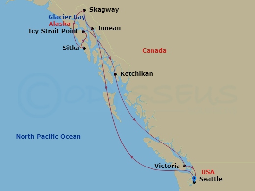 NCL Norwegian Joy - 10 Night - Alaska - Seattle - NCL Norwegian Joy - Starting in Seattle, Wa, Juneau, Ak, Skagway, Ak, Cruise Glacier Bay, Ak, Sitka, Ak, Icy Strait Point, Ak, K.. itinerary map