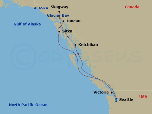 9 Night - Alaska - Seattle - Norwegian Joy - Starting in Seattle, Wa, Sitka, Ak, Juneau, Ak, Cruise Glacier Bay, Ak, Skagway, Ak, Ketchikan (Ward Cove), Ak, Victoria CA, Canada, Seattle, Wa itinerary map