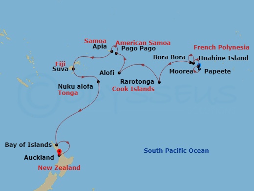 Oceania Riviera - 19 Night - Azure Atolls to Auckland - Oceania Riviera - Starting in Papeete (Tahiti), Moorea, Huahine, Bora Bora, Rarotonga, Alofi, Pago Pago, International D.. itinerary map