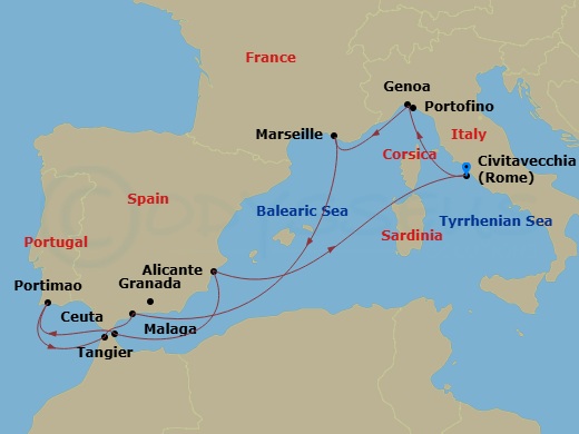 10 Night - Mediterranean - MSC Sinfonia - Starting in Civitavecchia (Rome), Italy, Genoa (Portofino), Italy, Marseille (Provence), France, Malaga (Granada), Spain, Tangier (Tetouan), Morocco, Portimao, Portugal, Ceuta, Spain, Alicante, Spain, Civitavecchia (Rome), Italy itinerary map