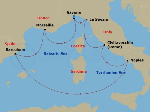 Costa Toscana - 7 Night - Western Mediterranean from Savona - Costa Toscana - Starting in Savona, Marseille, Barcelona, Napoli, Civitavecchia, La Spezia, Savona itinerary map
