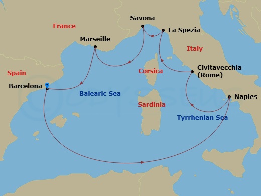 Costa Toscana - 7 Night - Western Mediterranean from Barcelona - Costa Toscana - Starting in Barcelona, Napoli, Civitavecchia, La Spezia, Savona, Marseille, Barcelona itinerary map