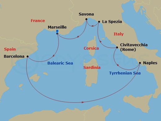 Costa Toscana - 7 Night - Western Mediterranean from Marseille - Costa Toscana - Starting in Marseille, Barcelona, Napoli, Civitavecchia, La Spezia, Savona, Marseille itinerary map