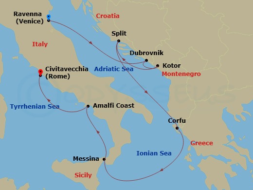 10 Night - Pre Venice Cruisetour - Norwegian Gem Tours - Starting in At Hotel, Venice (Ravenna), Italy, Dubrovnik, Croatia, Kotor, Montenegro, Split, Croatia, Corfu, Greece, Messina, Italy, Amalfi Coast (Salerno), Italy, Civitavecchia Rome, Italy itinerary map