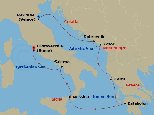 7 Night - Europe - Adriatic & Greece - Venice - Norwegian Gem - Starting in Venice (Ravenna), Italy, Dubrovnik, Croatia, Kotor, Montenegro, Corfu, Greece, Olympia / Katakolon, Greece, Messina, Italy, Amalfi Coast (Salerno), Italy, Civitavecchia Rome, Italy itinerary map