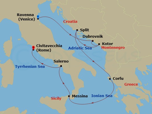 7 Night - Europe - Adriatic & Greece - Venice - Norwegian Gem - Starting in Venice (Ravenna), Italy, Dubrovnik, Croatia, Kotor, Montenegro, Split, Croatia, Corfu, Greece, Messina, Italy, Amalfi Coast (Salerno), Italy, Civitavecchia Rome, Italy itinerary map
