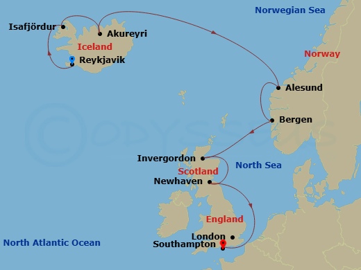 10 Night - Europe - Iceland - Norwegian Star - Starting in Reykjavik, Iceland, Isafjordur, Iceland, Akureyri, Iceland, Alesund, Norway, Bergen, Norway, Invergordon (Inverness), United Kingdom, Edinburgh (Newhaven), Scotland, United Kingdom, London (Southampton), United Kingdom itinerary map