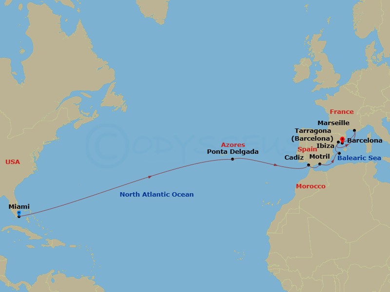 15 Night - Repo - Transatlantic - Norwegian Viva - Starting in Miami, Fl, Ponta Delgada, Portugal, Cadiz / Seville, Spain, Motril, Spain, Ibiza, Spain, Tarragona, Spain, Provence, Marseille, France, Barcelona, Spain itinerary map