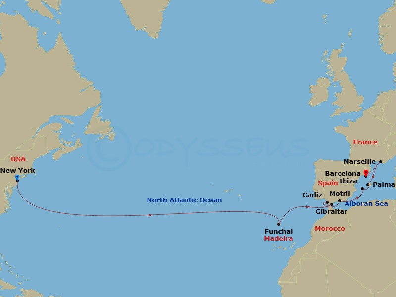 15 Night - Repo - Transatlantic - Norwegian Gem - Starting in New York City, Ny, Funchal, Portugal, Gibraltar, Cadiz / Seville, Spain, Motril, Spain, Ibiza, Spain, Palma Majorca, Spain, Provence, Marseille, France, Barcelona, Spain itinerary map