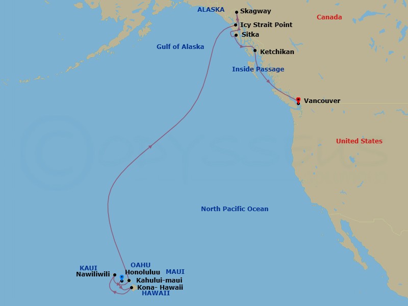 19 Night - O'ahu Explorer Hyatt Waikiki Ocean View Cruisetour - Norwegian Spirit Tours - Starting in At Hotel, Honolulu, Hi, Kona, Hi, Nawiliwili, Kauai, Hawaii, Kahului, Maui, Hi, Icy Strait Point, Ak, Skagway, Ak, Sitka, Ak, Ketchikan (Ward Cove), Ak, Vancouver, Canada itinerary map