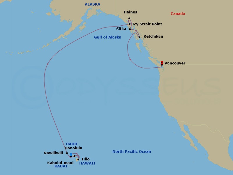 19 Night - O'ahu Explorer Hyatt Waikiki Ocean View Cruisetour - Norwegian Spirit Tours - Starting in At Hotel, Honolulu, Hi, Hilo, Hi, Kahului, Maui, Hi, Nawiliwili, Kauai, Hawaii, Icy Strait Point, Ak, Haines, AK, Sitka, Ak, Ketchikan (Ward Cove), Ak, Vancouver, Canada itinerary map