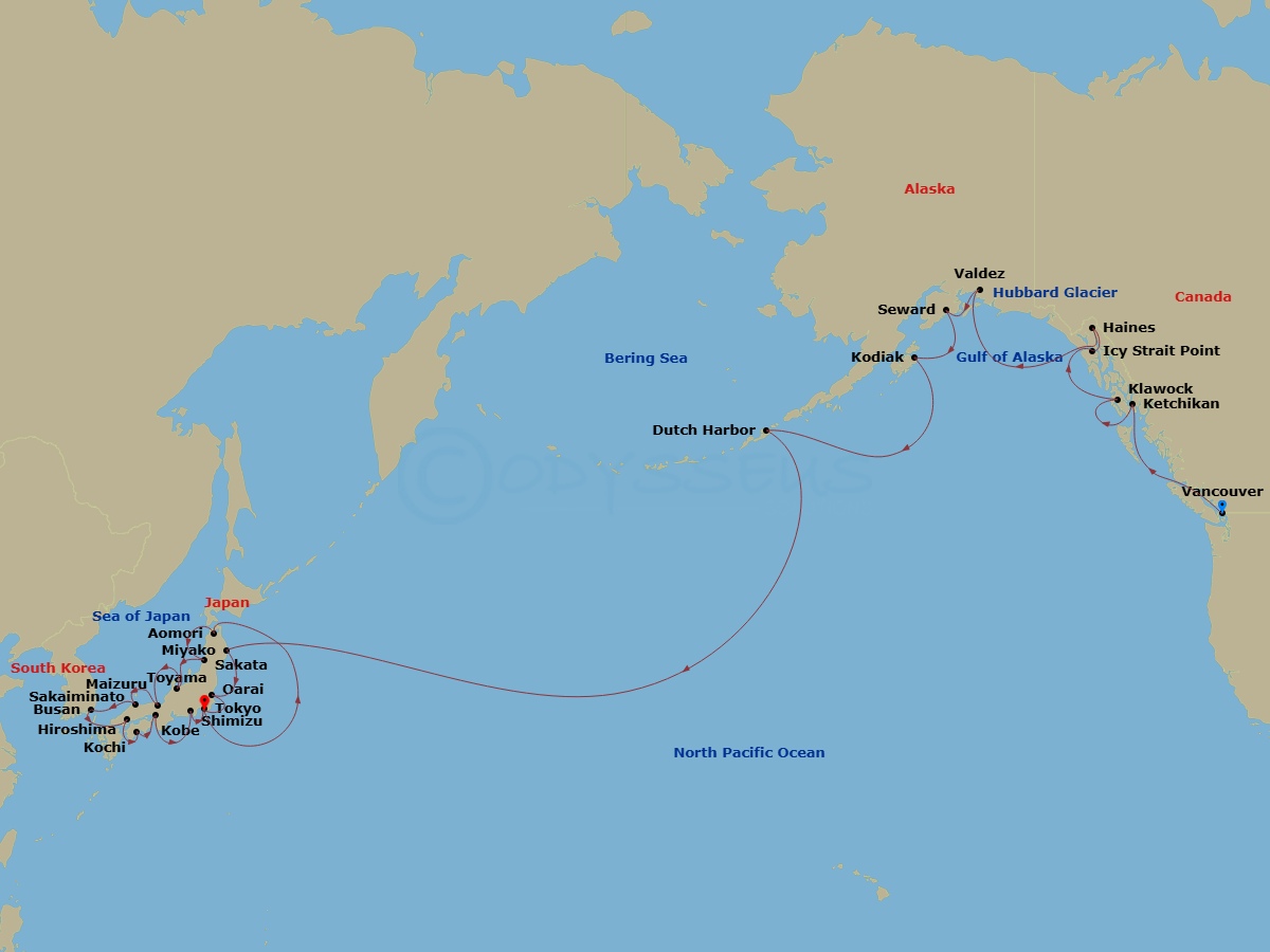 Azamara Pursuit - 36 Night - Canada to Japan Grand Voyage - Azamara Pursuit - Starting in Vancouver, British Columbia, Ketchikan, Alaska, Klawock, Alaska, Icy Strait Point, Ala.. itinerary map