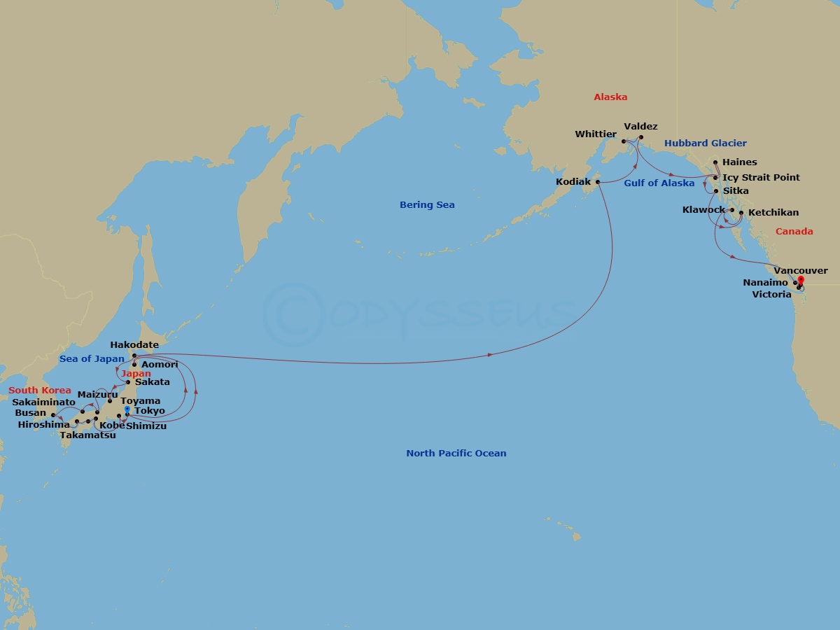 Azamara Pursuit - 38 Night - Tokyo to Vancouver Grand Voyage - Azamara Pursuit - Starting in Tokyo, Hakodate, Sakata, Toyama, Maizuru, Sakaiminato, Busan, Hiroshima, Cruising t.. itinerary map