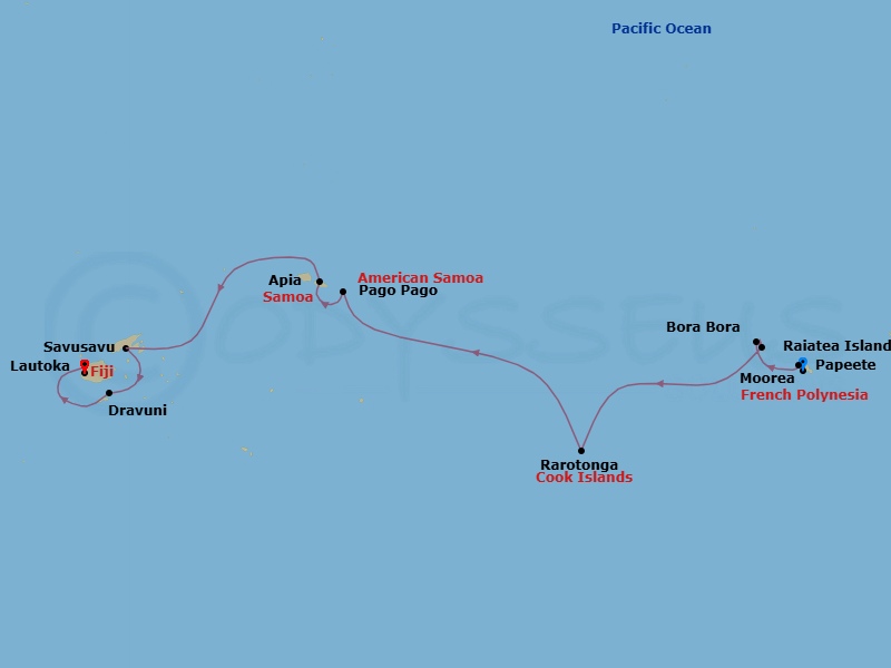 13 Night - South Pacific - Norwegian Spirit - Starting in Papeete, French Polynesia, Moorea, French Polynesia, Bora Bora, French Polynesia, Raiatea, French Polynesia, Rarotonga, Cook Islands, Pago Pago, American Samoa, Apia, Samoa, Cross International Dateline, at Sea, Savusavu, Fiji, Dravuni, Fiji, Lautoka, Fiji itinerary map